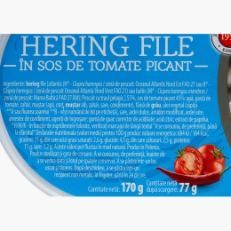 Hering file în sos picant de tomate, 170g