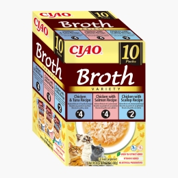 Hrană umedă pentru pisici Ciao Broth Variety Pack, 10 plicuri x 40g, pui și somon, pui și ton, pui și scoici