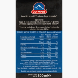 Lapte high protein, fără lactoză, 1.7% grăsime, 0.5l