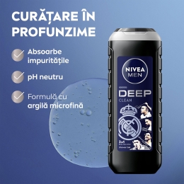 Gel de duș pentru bărbați Deep Clean 3în1, pentru corp, față și păr, ediție limitată Real Madrid 500ml