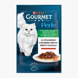 Hrană umedă pentru pisici, 85g, mini fileuri în sos, vită și morcovi