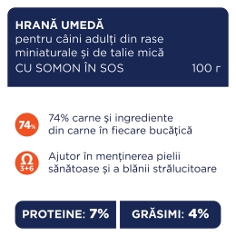 Hrană umedă completă cu somon în sos, pentru câini de rase mini și mici, S, 100g 