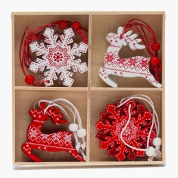 Set decorațiuni de Crăciun din lemn, model reni și fulgi de nea, 12 buc