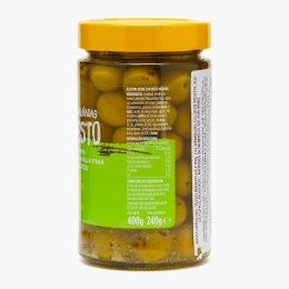 Măsline verzi Manzilla Fina cu sâmburi, cu sos pesto, usturoi, busuioc, brânză și semințe de pin 400g
