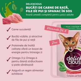 Hrană umedă pentru pisici, cu felii din carne de rață, file de pui și spanac în sos, 85g