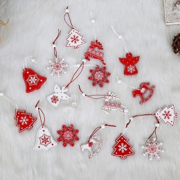 Set decorațiuni de Crăciun din lemn, model reni și fulgi de nea, 12 buc