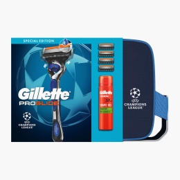 Set cadou UEFA Champions League Special Edition ProGlide (aparat de ras, mâner FlexBall  + 4 rezerve +  gel de ras Fusion + trusă de voiaj)