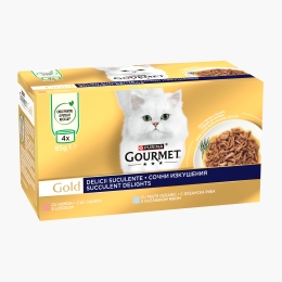 Hrană umedă pentru pisici Gold Delicii Suculente, 4x85g, mix de arome (somon și pește oceanic)