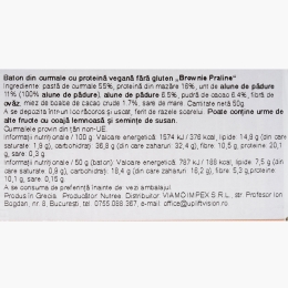 Baton proteic din curmale Brownie Praline, fără gluten, vegan, 50g