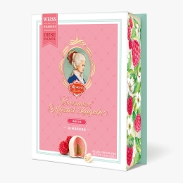  Praline Constanze de ciocolată albă cu cremă de alune-nugat și fistic-marzipan cu zmeură 120g