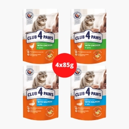 Pachet mix hrană umedă completă pentru pisici, pui în sos/somon în jeleu, 4x85g