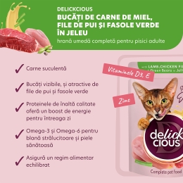 Hrană umedă pentru pisici, cu felii din carne de miel, file de pui și fasole verde în jeleu, 85g