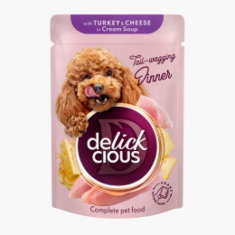 Hrană umedă pentru câini, cu stripsuri de curcan și cașcaval în supă cremă, 85g