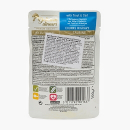 Hrană umedă pisici, 100g, cu păstrăv și cod în sos