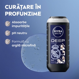 Gel de duș pentru bărbați Deep Clean 3în1, pentru corp, față și păr, ediție limitată Real Madrid 250ml