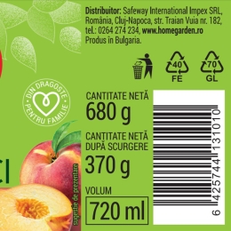 Compot de piersici jumătăți, decojite, în sirop slab îndulcit, 680g
