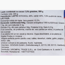 Lapte condensat cu cacao, 7.5% grăsime, 300g