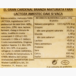 Brânză maturată amestec oaie și vacă, fără lactoză 250g
