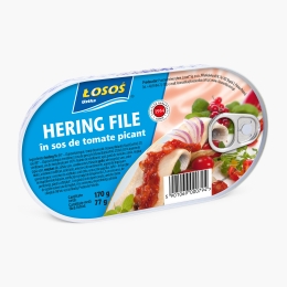 Hering file în sos picant de tomate 170g