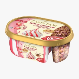 Înghețată DIY cu aromă de vanilie și căpșune, cu bucățele de ciocolată și cornet Soft & Crunchy 750ml (373g)