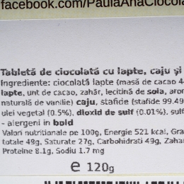 Ciocolată 44% cu caju și stafide 120g