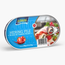 Hering file în sos picant de tomate, 170g
