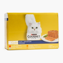 Hrană umedă pentru pisici Pate Mousse Gourmet Gold, 12x85g, mix de arome (ton, curcan, ficat și vită)
