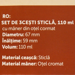 Set 3 cești 110ml, sticlă, mâner oțel cromat