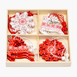 Set decorațiuni de Crăciun din lemn, model reni și fulgi de nea, 12 buc