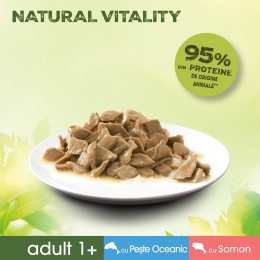 Hrană umedă pentru pisici, 6x50g, Natural Vitality  Adult 1+, cu pește oceanic și somon