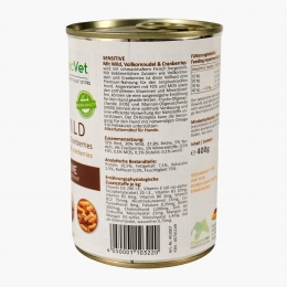 Hrană umedă pentru câini Sensitive, 400g, vânat, merișoare și paste