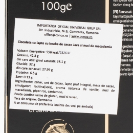 Ciocolată cu lapte cu boabe de cacao java și nuci de macadamia 100g