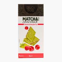 Ciocolată albă cu matcha și bucăți de zmeură liofilizată 90g