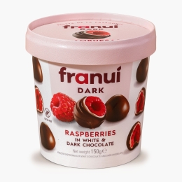 Zmeură în ciocolată albă și ciocolată amăruie 150g