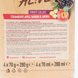 Sorbet pe băț cu aromă de căpșuni, banane, mere și aronia 4x70g