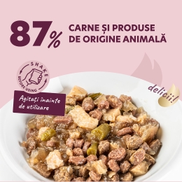 Hrană umedă pentru pisici, cu felii din carne de miel, file de pui și fasole verde în jeleu, 85g