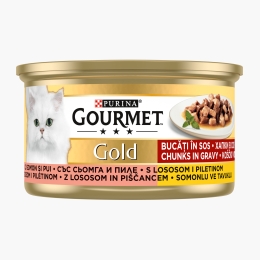 Hrană umedă pentru pisici, 85g, Mini fileuri în sos cu pui și somon