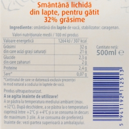 Smântână lichidă UHT pentru gătit, 32% grăsime, 500ml