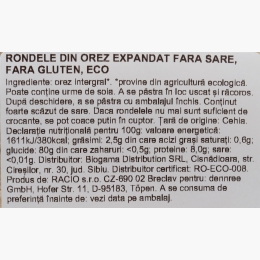 Rondele din orez expandat eco, fără sare, fără gluten, 100g
