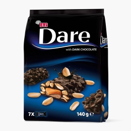 Mini batoane cu interior de nuga și caramel învelit în bucăți întregi de arahide și glazură de ciocolată neagră 140g
