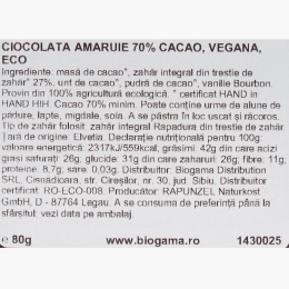 Ciocolată amăruie eco vegană 70% cacao, 80g