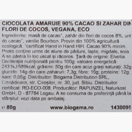 Ciocolată amăruie eco vegană cu 90% cacao și zahăr de cocos, 80g