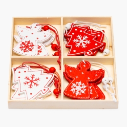 Set decorațiuni de Crăciun din lemn, model brazi și îngerași, 12 buc