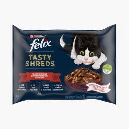 Pachet mix hrană umedă pentru pisici, cu mini fileuri în sos Tasty Shreds Farm Selection (vită, pui, rață, curcan) 80g