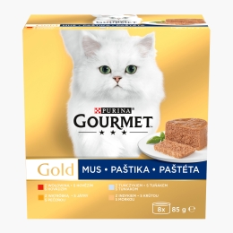 Hrană umedă pentru pisici Gourmet Gold Mousse, 8x85g, mix de arome (vită, ficat, ton, curcan)