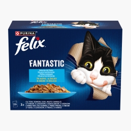 Hrană umedă pentru pisici, 12x85g, cu ton, somon, cod, pește cambulă în aspic