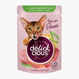 Hrană umedă pentru pisici, cu felii din carne de miel, file de pui și fasole verde în jeleu, 85g