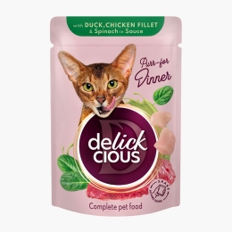 Hrană umedă pentru pisici, cu felii din carne de rață, file de pui și spanac în sos, 85g