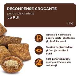 Recompense crocante pentru pisici adulte, pernuțe cu pui, 60g