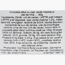 Ciocolată albă cu ceai verde matcha și ulei de lime 60g